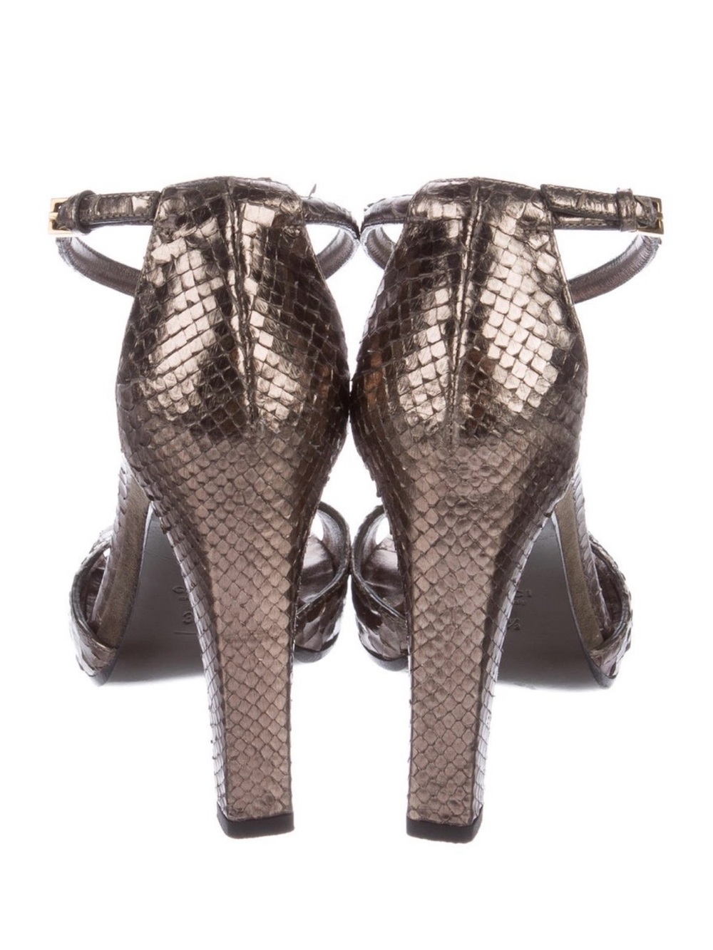 Gucci Metallic Taupe Snake-Embossed Daisy T-Strap Heels - Picture 4 of 5